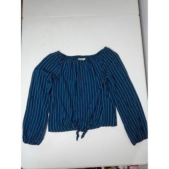 Abercrombie Kids Girls Open Shoulder Long Sleeve Blouse Blue Striped Size 13/14 - Picture 4 of 14